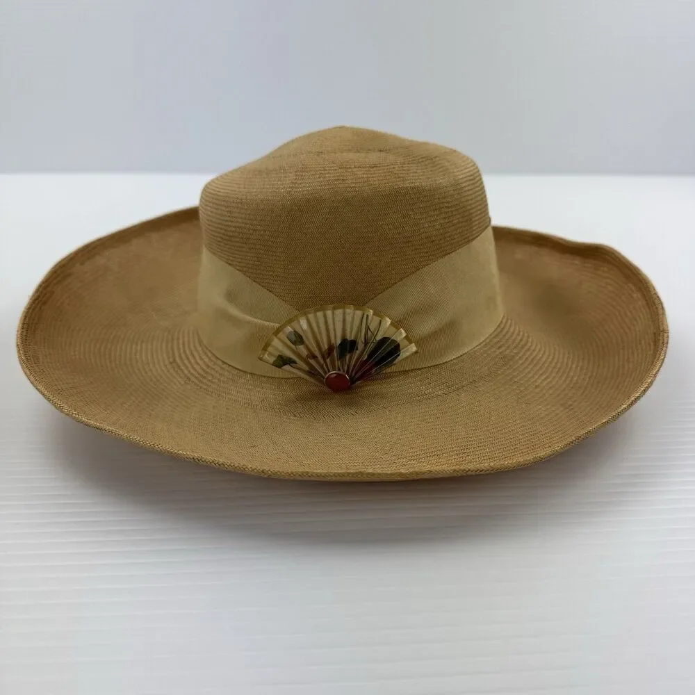 Vintage Frank Olive Straw Wide Brim Hat Floral Brooch Tan